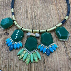 J. Crew Green Blue Lucite Medallions Opalescent Stones Corded Necklace